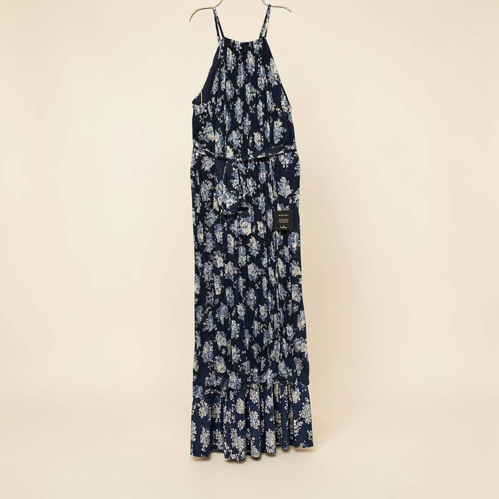 Lulus Peak Perfection Navy Blue Floral Print Pleated Belted Midi Dress